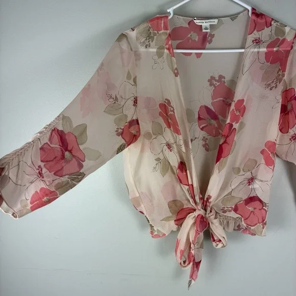 Banana Republic Silk Floral Top Tie Front Blouse Women's S Pink Boho Festival - Picture 2 of 8